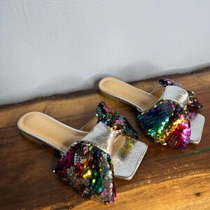 PNKELEPHANT Rainbow Sequin Bow Sandals Metallic Silver Women's Shoe Size 37 US 7